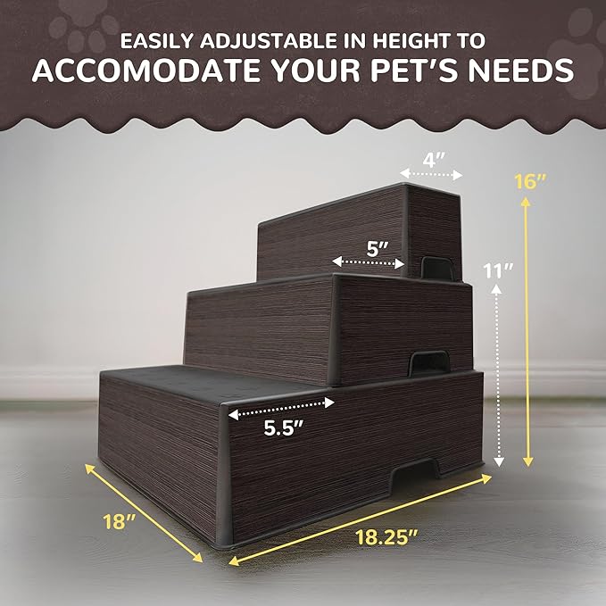 Pet Easy Steps Stairs for Small & Med Dog Cat Bed Sofa Chair - Adjustable Height & Portable - Stable with Rubberized Anti- Slip Mat & Magnetic Alignment - Easy 10 Second Setup - Espresso
