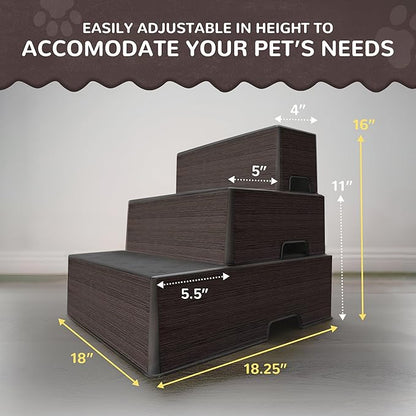 Pet Easy Steps Stairs for Small & Med Dog Cat Bed Sofa Chair - Adjustable Height & Portable - Stable with Rubberized Anti- Slip Mat & Magnetic Alignment - Easy 10 Second Setup - Espresso