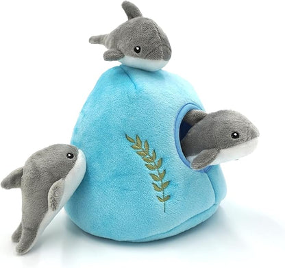 MODERN WAVE - Interactive Squeaky Plush Hide and Seek Squirrel Type Puzzle Toy for Dogs, Medium Size (Ocean and Dolphins)