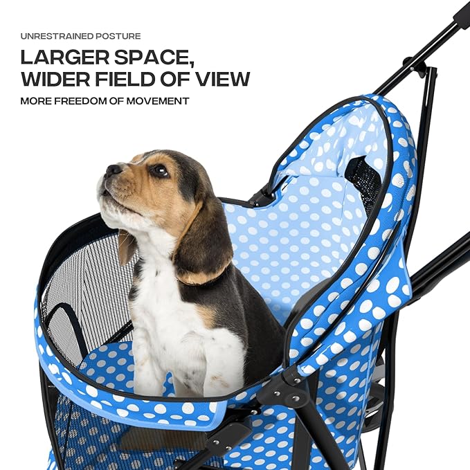 Dog Stroller for Small Dogs 10 lbs -22lbs Puppy Stroller Medium Dog Wagon Small Pet Stroller for Cats, Cat Strollers for 2 Cats, Rear Storage, Blue Polka Dots