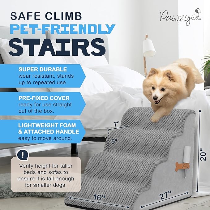 PAWZY Dog Stairs for Bed & Couch, 4-Step Foam Pet Steps 20” High for Small Dogs & Cats up to 60 lbs, Wide Non-Slip Stairs, Waterproof Washable Zipper Cover, No Assembly, Grey