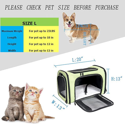 Soft Sided Carrier for Small Medium Cats Dogs ,Removable Pad Collapsible Travel Pet Carrier Large Green