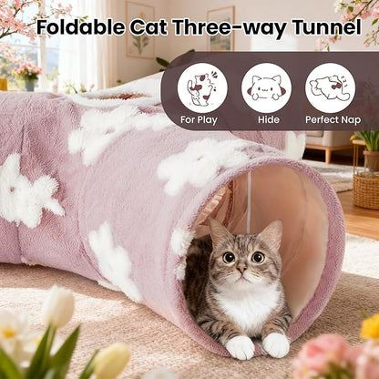 Tempcore Flannel Pet Cat Tunnel Tube Cat Toys 3 Way Collapsible, Cat Tunnels for Indoor Cats, Kitty Tunnel Bored Pet Toys Peek Hole Toy Ball Puppy, Kitty, Kitten, Rabbit Daisy Burlwood