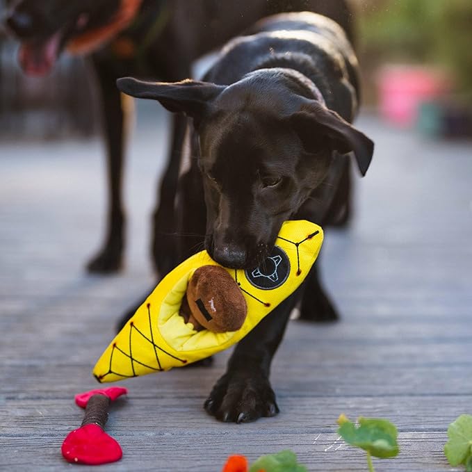 P.L.A.Y. Cute Plush Dog Toys - Camping, Outdoor Themed Durable Squeaker Chew Toy, Great for Puppies & Small, Medium, Large Dogs - Machine Washable, Recycled Materials (Camp Corbin K9 Kayak)