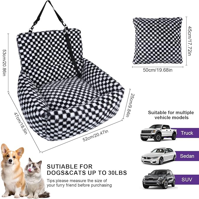 Dog Car Seat for Small Dogs,Medium Dog Car Bed with Detachable Washable Cover,Pet Puppy Booster Cars Seats with Safety Belt Up to 30 lbs(Grid Black)