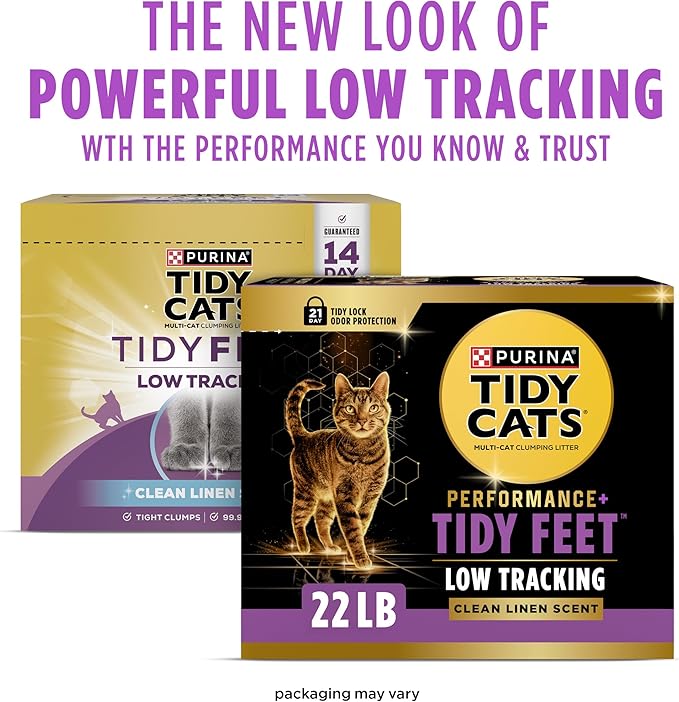 Purina Tidy Cats Performance Plus Tidy Feet Scented Low Tracking Cat Litter, Clumping, Multi-Cat Odor Control Kitty Litter with Clean Linen Scent - 22 lb. Box