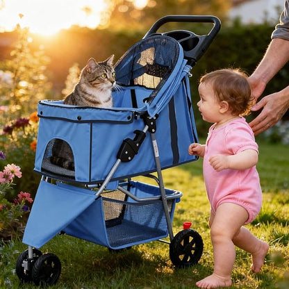 3 Wheel Pet Stroller for Dogs and Cats, Foldable, Lightweight and Durable, Ideal for Small to Medium Pets, Includes Storage Basket and Cup Holders