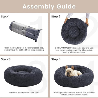 Love's cabin Calming Cat Bed for Indoor Cats, Anti-Anxiety Donut Round Dog Bed, Fluffy Faux Fur Washable Pet Bed for Small Medium Dogs and Cats,Bluish Grey,20in