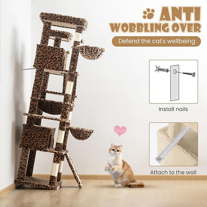SHA CERLIN 81in Multi-Level Tall Cat Tree Tower for Indoor Kitties/Larger Cat Condo Furniture with Hammock/Cozy Pussycat Perches/Sisal Scratching Posts/Pet House/Wide Base/Leopard Print