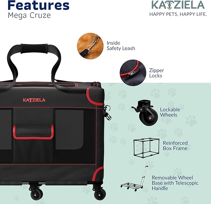 MegaCruze Rolling Pet Carrier for Medium & Large Dogs 25”x17”x20”. Lockable Wheels Zipper Locks Telescopic Handle Breathable Mesh, Removable Wheel Base, Stress-Free Travel Outdoor and Indoor