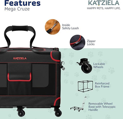 MegaCruze Rolling Pet Carrier for Medium & Large Dogs 25”x17”x20”. Lockable Wheels Zipper Locks Telescopic Handle Breathable Mesh, Removable Wheel Base, Stress-Free Travel Outdoor and Indoor