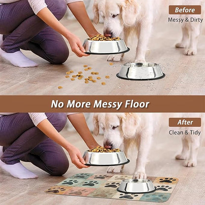 Cute Cat Paw Print Dog Food Mat for Floors,Vintage Absorbent Pet Food and Water Bowl Mats,Non-Slip Pet Feeding Mat,Pet Supplies 12" x 20"