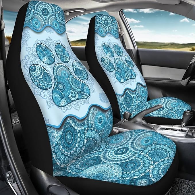 Dreaweet Boho Car Seat Covers Front Seats Dog Paw Car Accessories for Women 2 Piece Washable Front Seat Cover Universal Fit Most Vehicle SUV Sedan Trucks,Blue