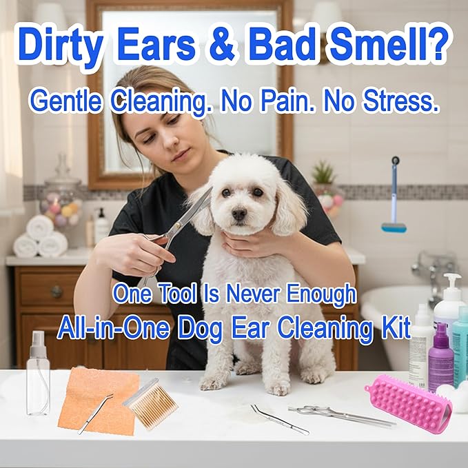 Dog Ear Cleaning Kit for Dogs and Cats, Pet Ear Care Grooming Tool Set with Pet-Safe Silicone Ear Cleaner, Tweezers, Scissors, Cotton Swabs and Cleaning Cloth