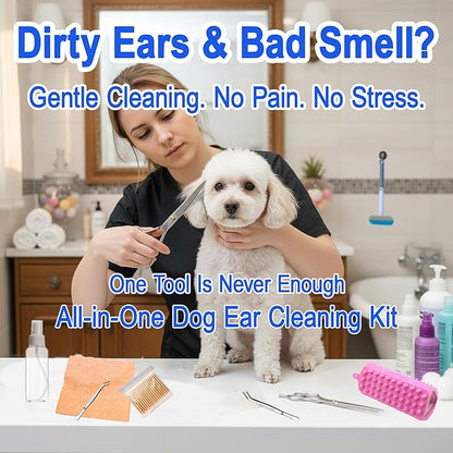 Dog Ear Cleaning Kit for Dogs and Cats, Pet Ear Care Grooming Tool Set with Pet-Safe Silicone Ear Cleaner, Tweezers, Scissors, Cotton Swabs and Cleaning Cloth