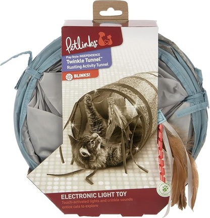 Petlinks Twinkle Tunnel Light Up Activity Tunnel with Feather Toy for Cats & Kittens, Battery Powered, Fun & Engaging Play, Encourages Exercise - Gray/Blue, One Size