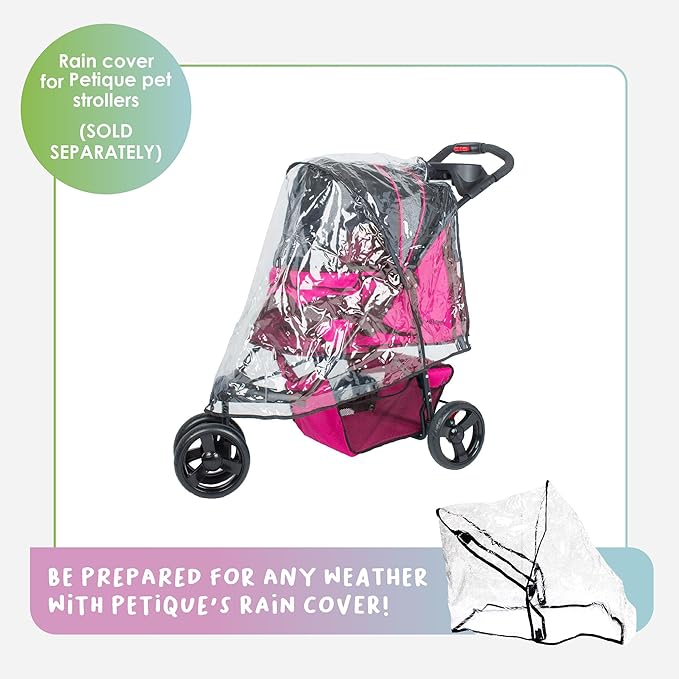 Petique Durable Pet Stroller, Easy Fold, Quality mesh Windows, Large Storage Basket, Secure Cup Holder Tray, for Small to Medium Dog, Cat, Bunny, Supports Pets up to 55LBS - RAZZBERRY