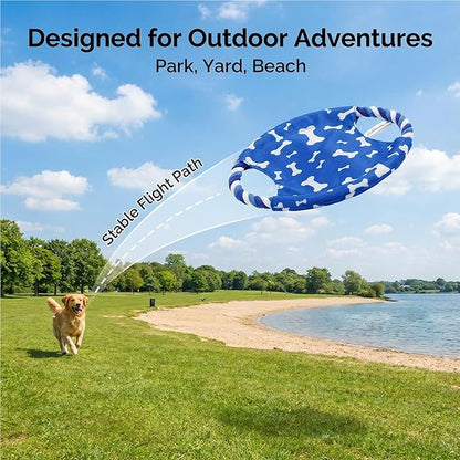 Dog Rope Flying Disc Toy with Squeaker | Durable Canvas Center & Braided Cotton Rope Ring | 2-in-1 Fetch & Tug Interactive Toy for Small & Medium Dogs | 9 Inch