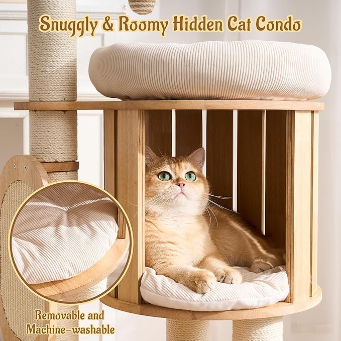Modern Solid Wood Cat Tree for Indoor Cats Large Adult, 50in Tall Cat Tower with Sisal Scratching Posts, Cat Scratcher Cardboard, Cozy Cat Beds Cave Condo, Multi-Level Cat Furniture