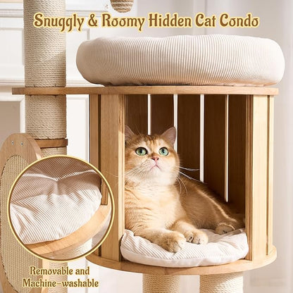 Modern Solid Wood Cat Tree for Indoor Cats Large Adult, 50in Tall Cat Tower with Sisal Scratching Posts, Cat Scratcher Cardboard, Cozy Cat Beds Cave Condo, Multi-Level Cat Furniture