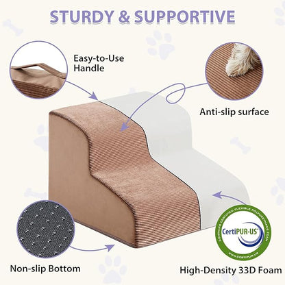 Dog Stairs for Small Dogs, 2-Steps Dog Ramp for Couch, Pet Stairs with Highly Supportive Foam and Non-Slip Bottom, Pet Steps for Cat & Doggie (High 11.8 Inch)