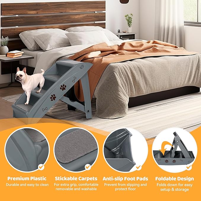Pet Stairs for Small Dogs and Cats 4-Step Portable Folding Dog Steps Anti-Slip Ladders for High Bed Couch Sofa Climbing, Gray