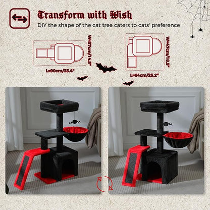 PETEPELA Gothic Cat Tree Tower for Indoor Cats, 31.5'' Small Cat Tower Condo with Sisal Scratching Ramp, Cozy Hammock and Removable Flower Cat Bed Perch for Kittens, Black