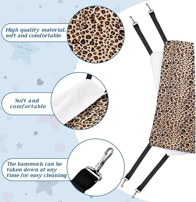 Jetec 2 Pieces Reversible Cat Hanging Hammock Soft Breathable Pet Cage Hammock with Adjustable Straps and Metal Hooks Double Sided Hanging Bed for Small Dogs Rabbits(Leopard and Dot,M)