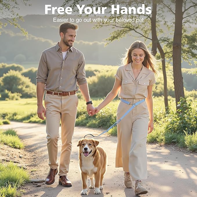 Hands Free Dog Leash, 8.5ft Adjustable Hands Free Leash for Medium Dogs, Versatile Handheld Crossbody Waist Lead with 3 Rings, Easy Adjust for Running Jogging Walking, Sponge Handle, Blue
