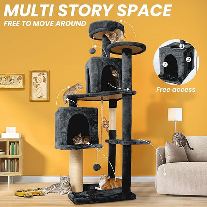 58in Large Cat Tree Tower for Indoor Cats with Soft Plush Hang Ball, Two Condos, Sisal Scratch Posts & Rope Play for Kittens/Adult Cats, Dark Grey