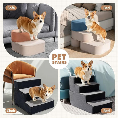 Dog Stairs for Small Dogs, 3 Step Dog Stair for High Bed and Couch, Non-Slip High Density Foam Sturdy Pet Steps with Removable Washable Cover for Older Cat