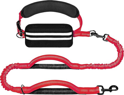 Hands Free Dog Leash with Zipper Pouch, Running Waist Leash for Dog Walking, Adjustable Waist Belt for Large Dogs, Reflective Bungee Design with Two Handle for Hiking, Training, Red
