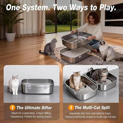 Triple Pan Stainless Steel Sifting Cat Litter Box, Large High Sided Metal Litter Box for Big Cats up to 20lbs, Odor-Free Non-Stick Easy Clean System, No Scooping Sifter Tray for Multi-Cat Homes
