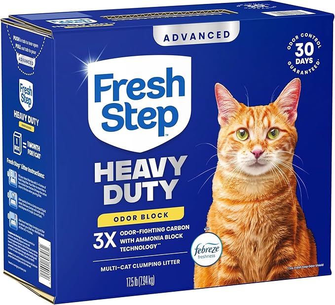 Fresh Step Heavy Duty Odor Block Advanced Multi Cat Clumping Litter with Febreze, 52.5 lb (Package May Vary),(17.5lb Pack x 3)