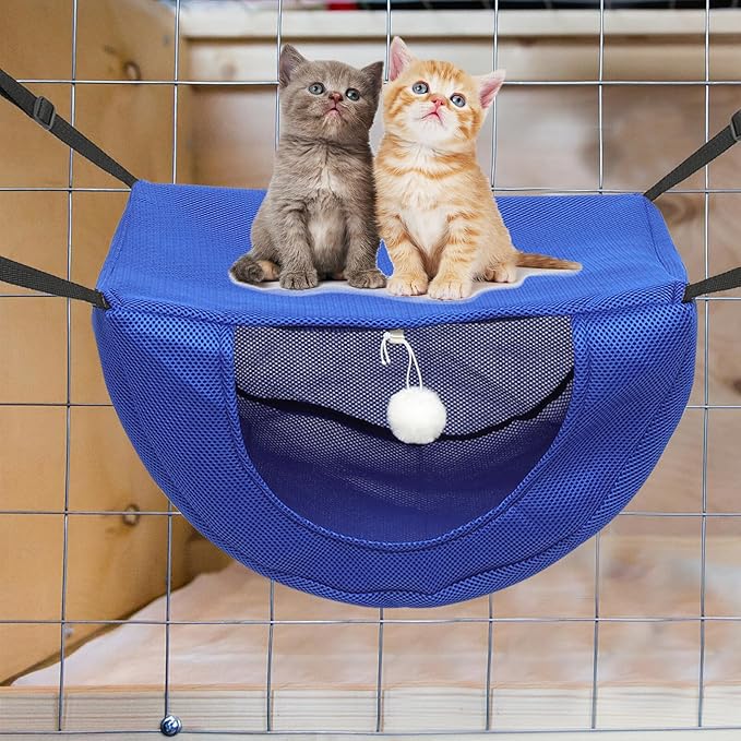Cat Hanging Bed and Cage Hammock Breathable Mesh Pet Rest Hanging Bed for Cats, Blue Medium, Washable Summer Kitten Sleeping Nest
