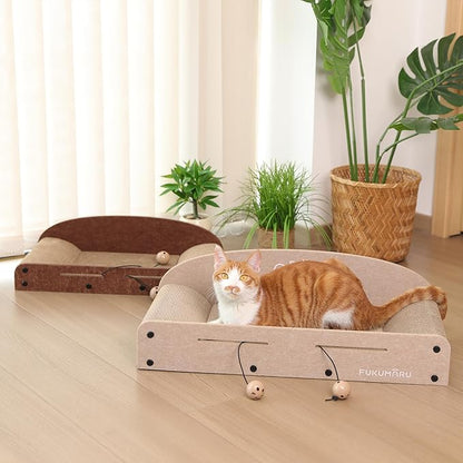 FUKUMARU 26 Inch Cat Scratcher Bed, 2 Reversible Cardboard Cat Scratch Pads Refill for Indoor Cats, Durable Large Cats Scratching Bed Sofa Couch Lounger with Fun Toys, Furniture Protector, Beige