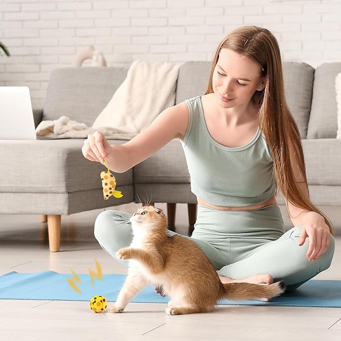 PAWISE Cat Litter Box Set, Small Kitten Starter Kit, Includes Litter Box, Litter Scoop, Double Dish Feeding Bowl, Cat Mouse Toy, Kitty Ball Toy, Yellow