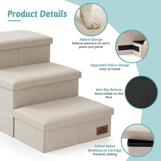Dog Stairs with Storage, 4-Step Wider Sturdy Dog Steps for Small/Medium/Large Dogs and Older Cats, Doggie Ramp with Condo for Bed/Couch/Car Hold Up to 180 lbs (22.6" H, Beige)