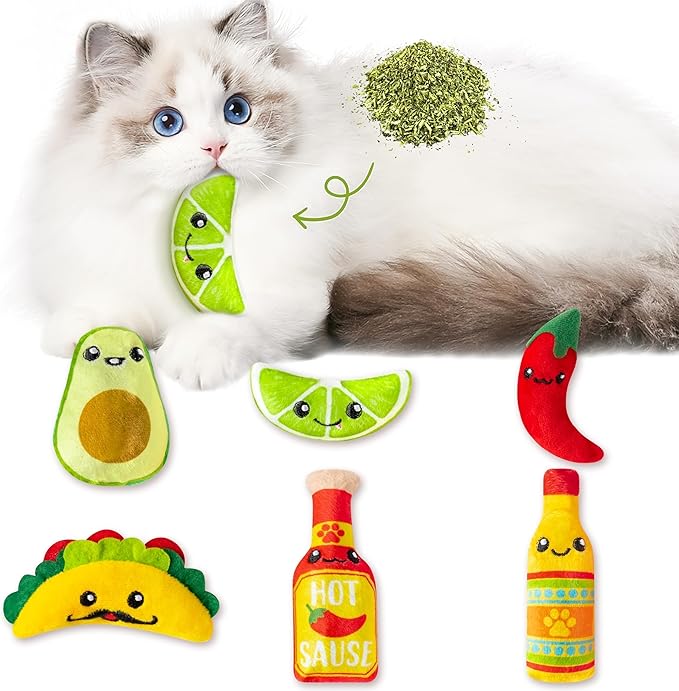 L1rabe Mexican Catnip Stuffed Toys - National Pet Day 6Pcs Cinco de Mayo Carnival Funny Cat Toys for Cat Lovers, Carnival Sause Avocado Indoor Kitten Chew Bite Kick Interactive Pet Supplies Kitten