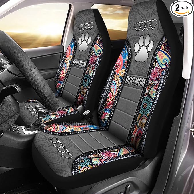 Dog Mom Paw Boho Floral Print Car Seat Covers, Waterproof Soft Universal Fashionable Car Seat Cushion Cover, Fit for Almost Vehicle
