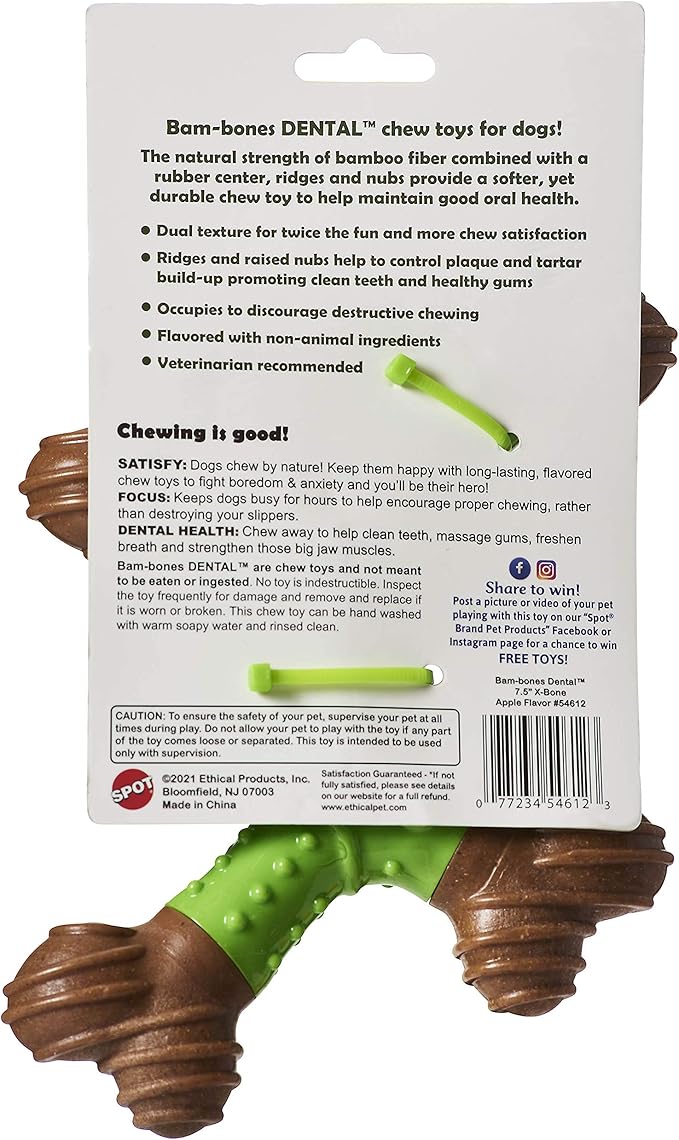 SPOT Bam-Bones Dental X-Bone Dog Chew – Bamboo Fiber with Massaging Rubber Center for Teeth Cleaning – 8in, Apple Flavor, for Light Chewers & Teething Puppies Under 40 lbs