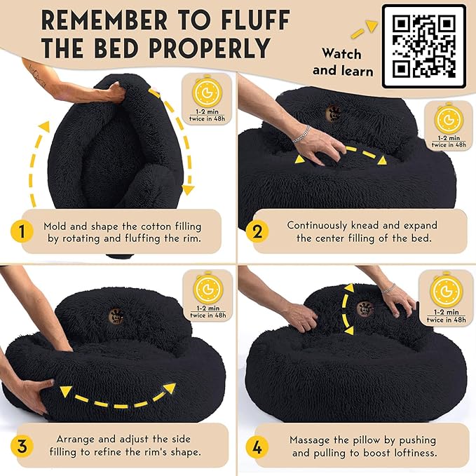 PetJett Calming Dog Bed for Small Dogs – 23" Donut Dog Beds, Anti-Slip & Washable Fluffy Plush Faux Fur Pet Bed, Anti-Anxiety Premium Comfort Round Puppy Bed, Fits Dogs up to 25 lbs – Black