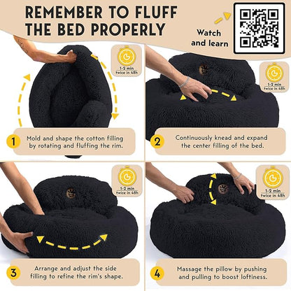 PetJett Calming Dog Bed for Small Dogs – 23" Donut Dog Beds, Anti-Slip & Washable Fluffy Plush Faux Fur Pet Bed, Anti-Anxiety Premium Comfort Round Puppy Bed, Fits Dogs up to 25 lbs – Black