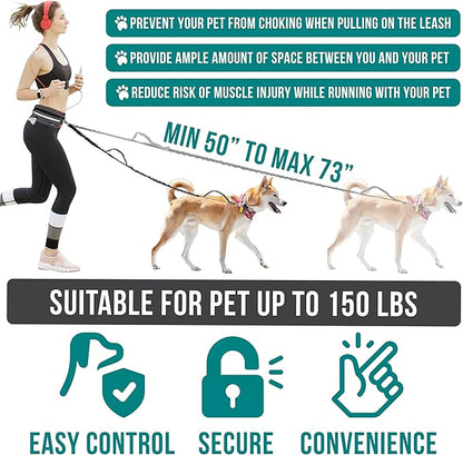 PetAmi Hands Free Dog Leash Belt for Walking Jogging, Waist Zipper Pouch Fanny Pack with Poop Bag Dispenser, Dual Padded Handle Bungee Leash for Small Medium Large Dogs