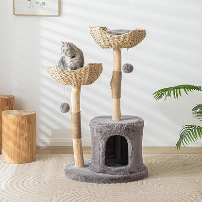 Modern Cat Tree for Indoor Cats Large Adult, 46.5" Tall Wooden Cat Tower for Large Cats with Scratching Post, Luxury Cat Condo, Grey