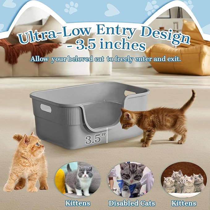 Low Entry Kitty Litter Box for Small Cats, Kittens Litter Boxes with High Sides, Open Top, Anti-Splash Plastic Litter Pan for Medium Pets, Easy to Clean, 16.5" L*11.8" W*7" H (Grey)