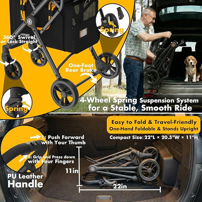 PAWZIDEA Double Pet Stroller with 2 Detachable Carrier, Lightweight Portable Travel Crate & Car Seat Combo & TSA-Approved Expandable Carrier, Foldable Jogger Stroller for 2–4 Cats or Small/Medium Dogs