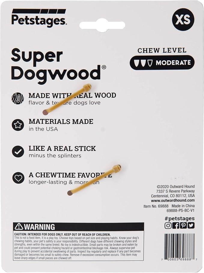 Outward Hound by Petstages Super Dogwood Durable Dog Chew Toy, Extra Small - Long Lasting Chew Stick Made with Real Wood - USA Made, XS