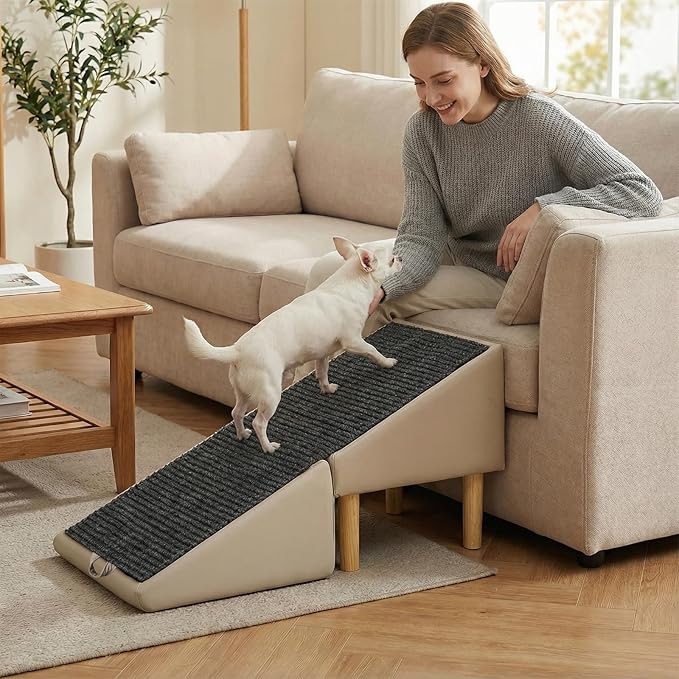 Dog Ramps, Foldable 2-in-1 Wooden Pet Steps, 23 Incline Foldable Dog Ramp Ottoman, Solid Wood Anti-Slip Pet Ramp, Split Ottoman Design, Foldable Pet Steps for Large and Small Cats & Dogs