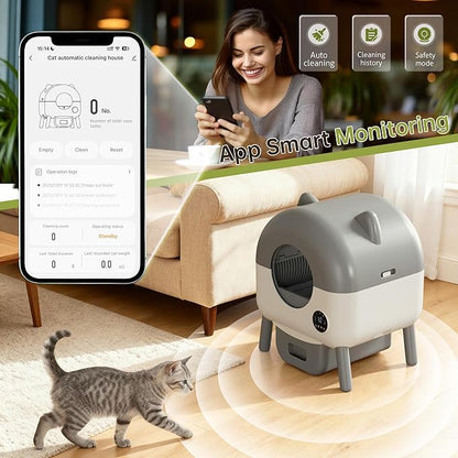 Greesum 76L Large Capacity Fully Enclosed Automatic Litter Box, Cat Ear Design with Garbage Bags Aroma Box and Brush for Multi - Cat Families (Gray)